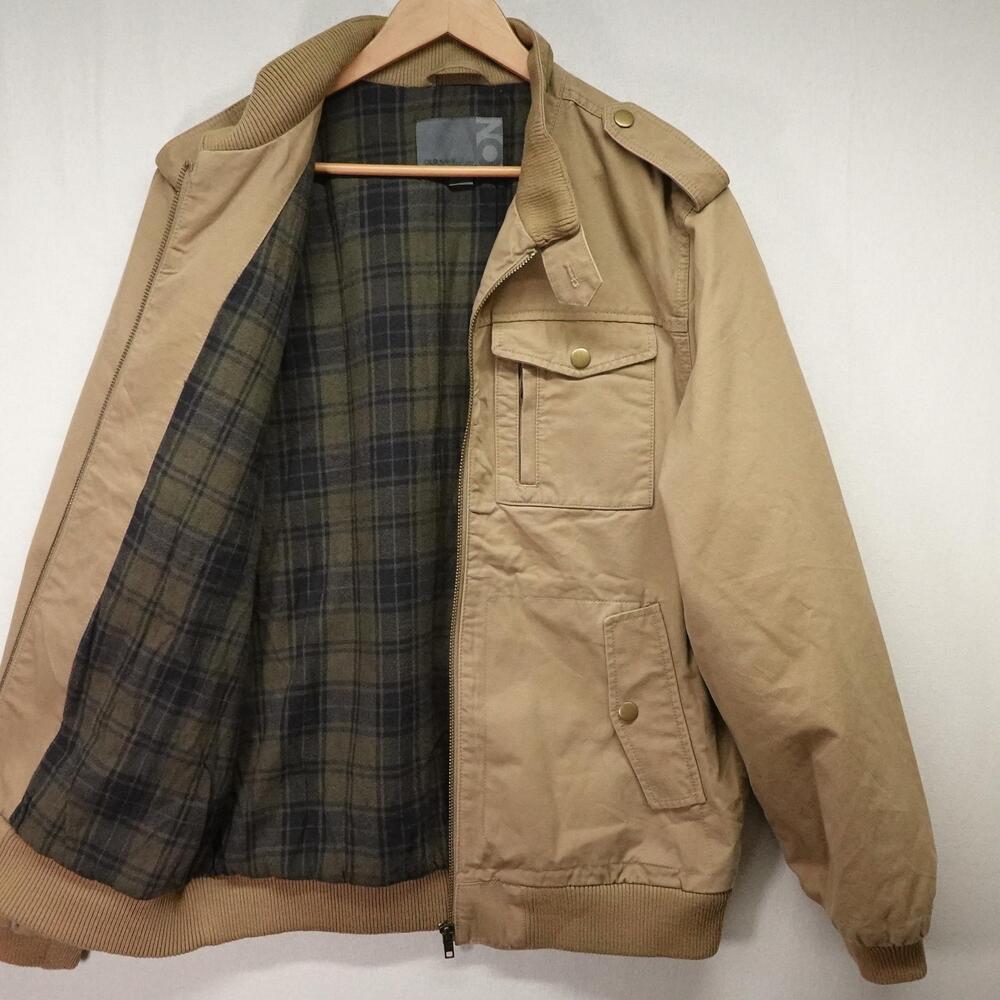 Old Navy Jacket Mens Large Beige Flannel Lined Bomber Full Zip Cafe Racer